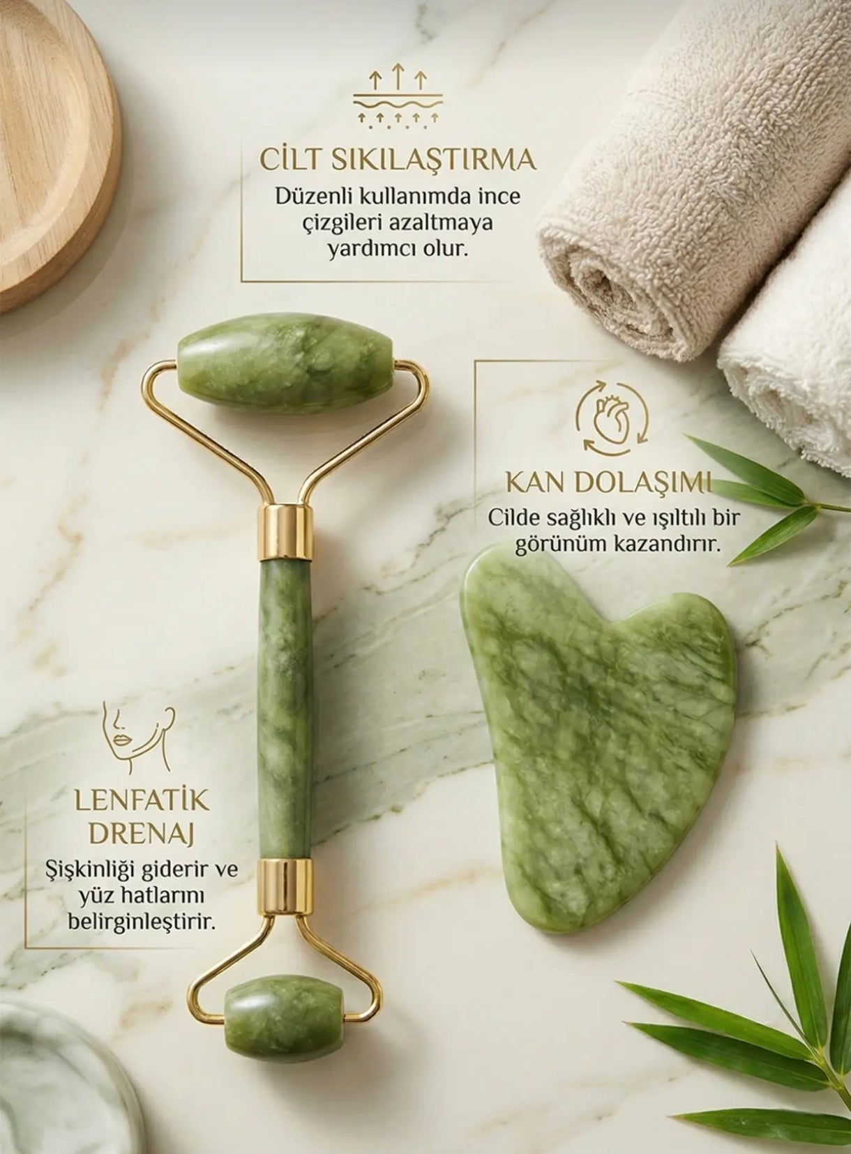 Gua Sha Taşı 2'li Set Yüz Masaj Rulosu