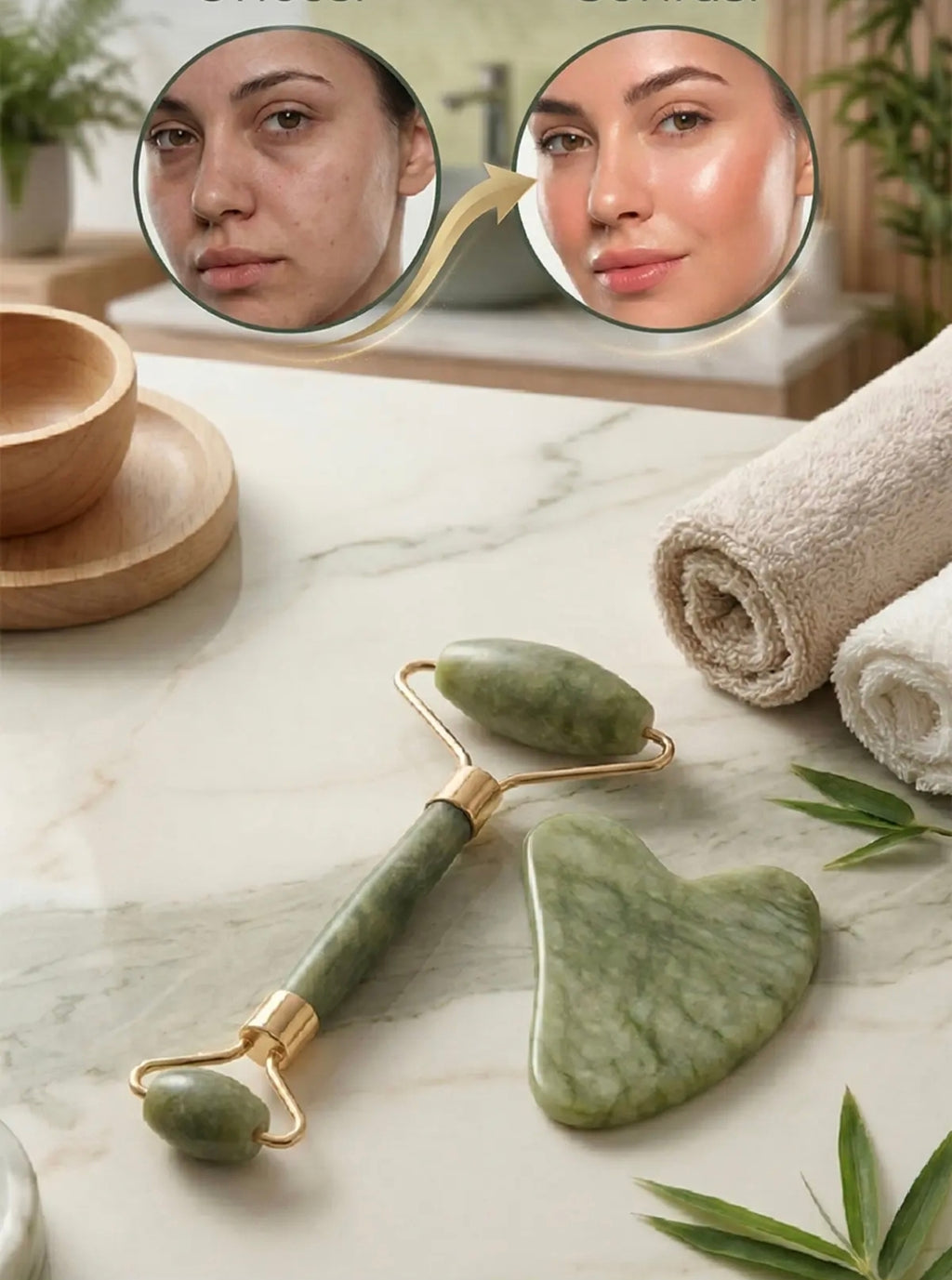 Gua Sha Taşı 2'li Set Yüz Masaj Rulosu