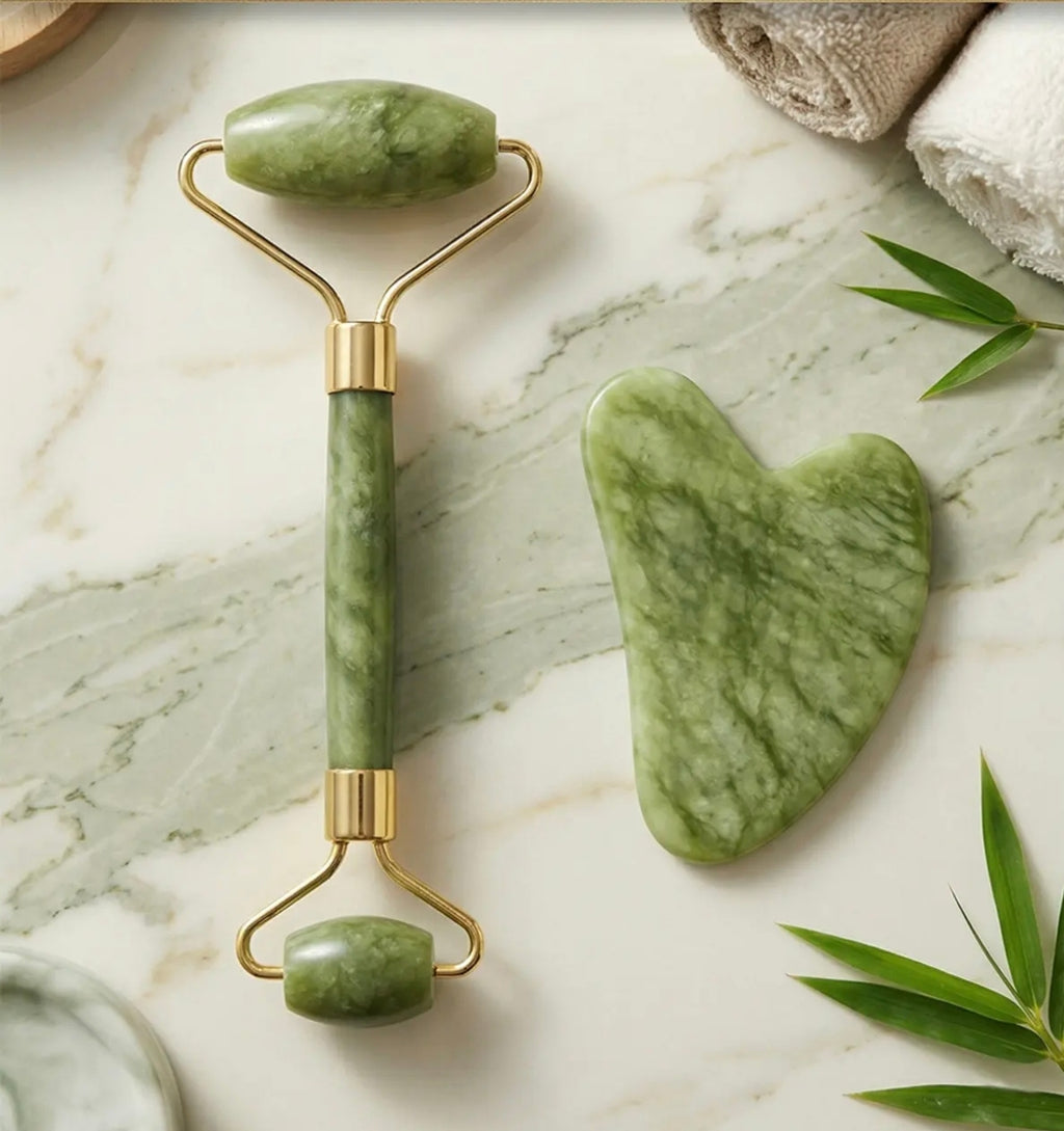 Gua Sha Taşı 2'li Set Yüz Masaj Rulosu