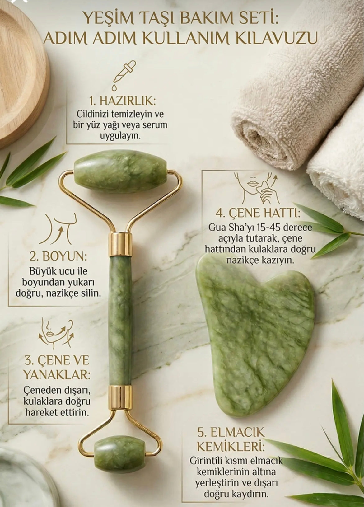 Gua Sha Taşı 2'li Set Yüz Masaj Rulosu